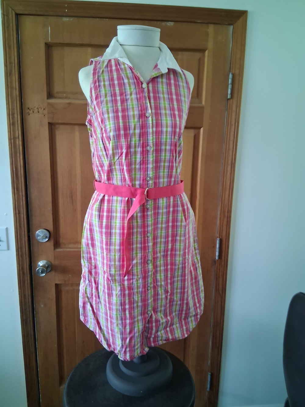 Expressions Pink Plaid Sleeveless Shirt Dress with White Collar and Pink Belt